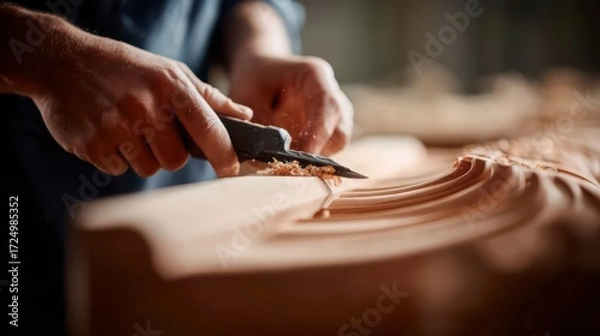 Fototapeta Artisan Craftsmanship: A craftsman meticulously carves intricate details into the wooden surface, his skilled hands shaping the wood with precision and care, revealing the natural beauty within.