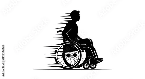Fototapeta Dynamic silhouette illustration of a person in a wheelchair, conveying speed, independence, and an active lifestyle.