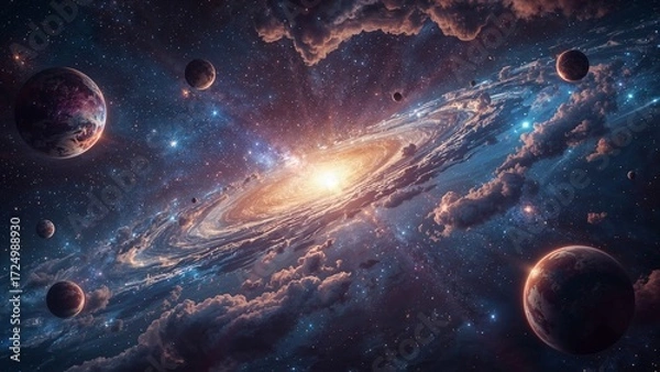 Fototapeta Glowing Spiral Galaxy with Planets in Deep Space