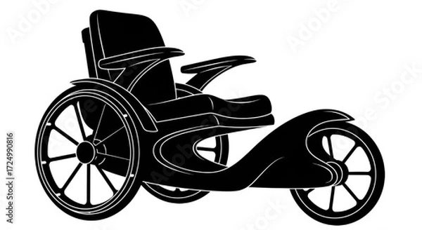 Fototapeta A sleek, modern electric wheelchair or mobility scooter, depicted as a black silhouette with white outlines on a clean white background, symbolizing advanced accessibility and independent living.