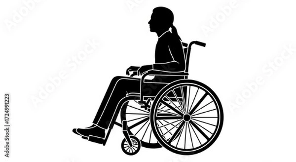 Fototapeta A clear black silhouette icon of an individual with a ponytail seated in a manual wheelchair, isolated on a pristine white background.