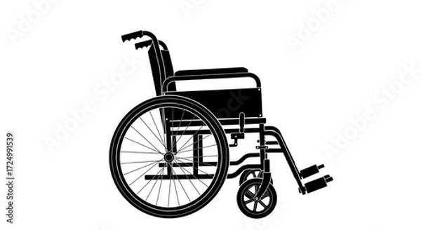 Fototapeta A clear black silhouette vector illustration of a standard manual wheelchair, isolated on a white background.