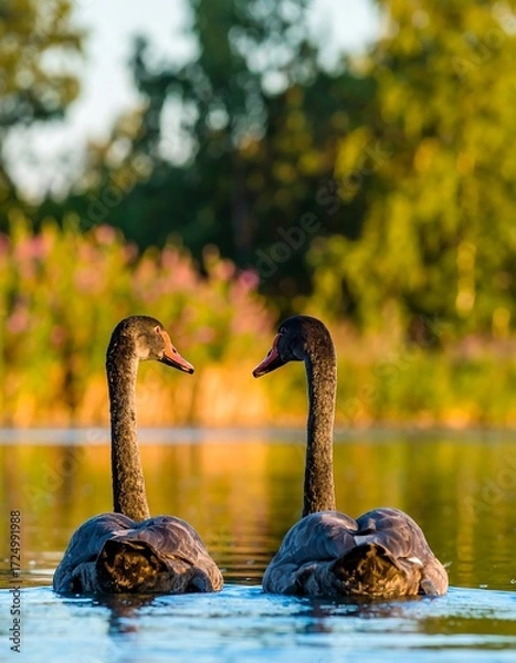 Obraz Two black swans facing each other on a pond