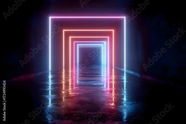 Fototapeta A glowing tunnel of neon squares reflecting on a wet floor in a dark futuristic environment