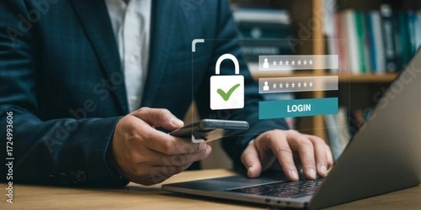 Fototapeta Data Security Protocol: A man in a professional attire working on a laptop with a mobile phone, illustrating a secure online login process.