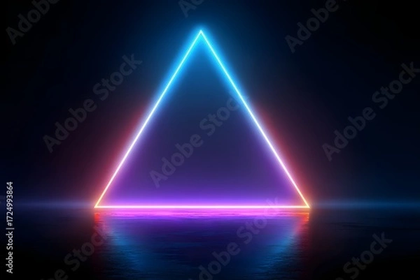 Fototapeta A neon triangle with blue and purple light on a dark background with a reflective surface below it