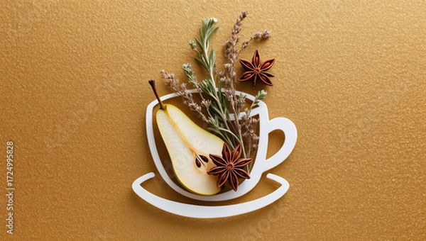 Fototapeta Creative herbal tea composition with pear slice, star anise, and soft herbal twig on textured background.