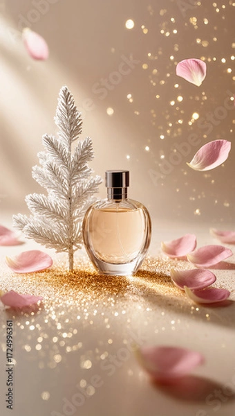 Fototapeta Feminine perfume flacon with elegant tree of snowy-white needles, dusty pink petals, and tiny gold sparkles floating throughout. Christmas theme mockup.