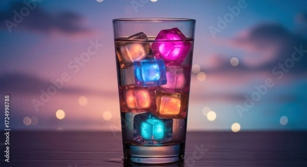 Fototapeta Glass of iced drink with colorful glowing ice cubes at dusk
