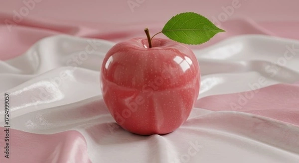 Fototapeta A single shiny pink apple with a green leaf on a silky background