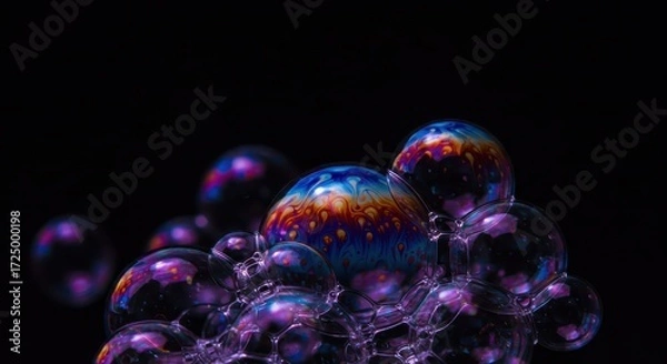 Fototapeta Closeup of iridescent soap bubbles with rainbow colors against black background
