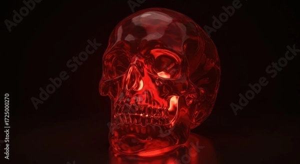 Fototapeta A translucent red skull illuminated from within, casting a sinister glow