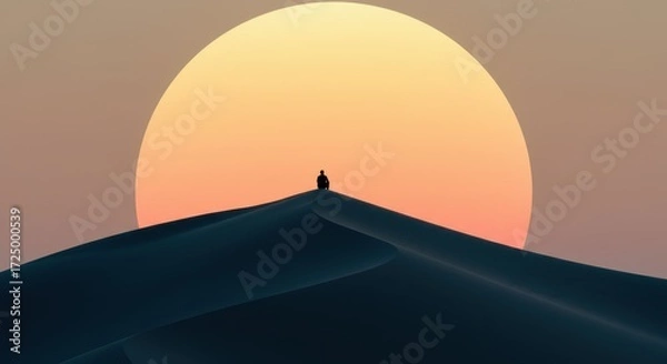 Fototapeta Lone figure silhouetted on a sand dune against a large, setting sun
