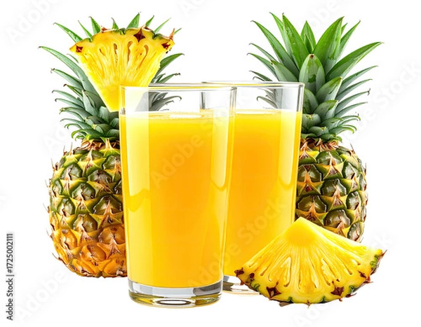 Obraz Two glasses of vibrant yellow pineapple juice, surrounded by fresh pineapple slices and a whole pineapple