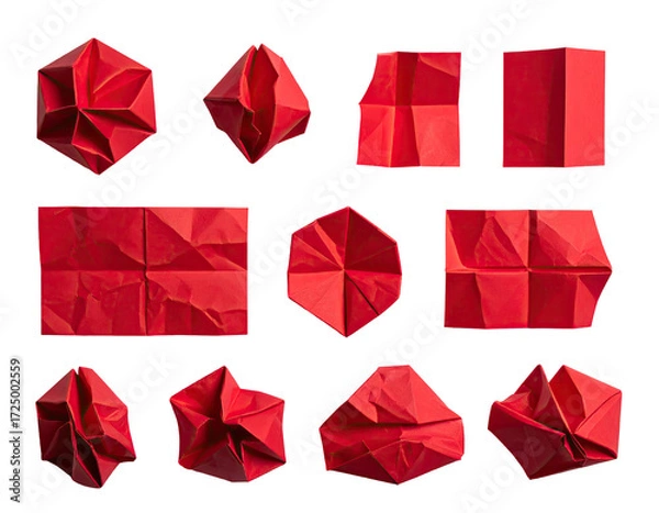 Obraz Assorted red paper shapes, creased and folded, arranged in a grid