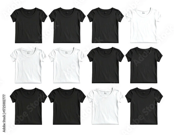Obraz Twelve plain black and white short-sleeved crew neck t-shirts arranged in a grid