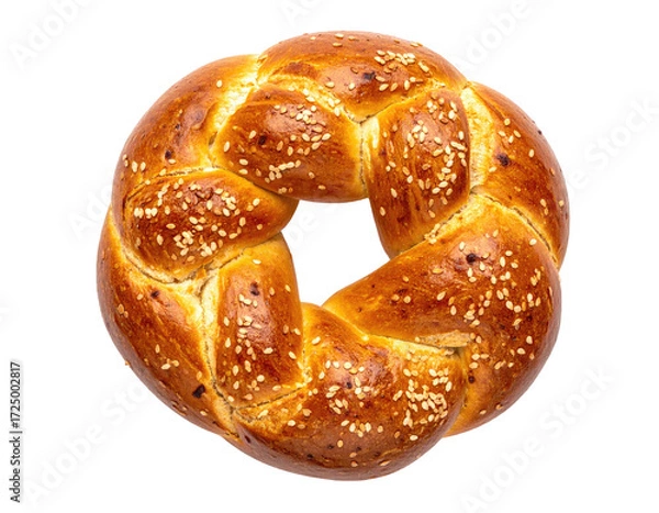 Obraz Round braided bread, golden brown, topped with sesame seeds