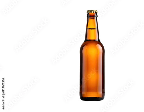 Obraz A light amber-colored glass beer bottle with a metal cap, standing upright against a black background