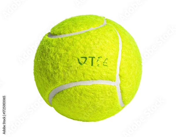 Obraz A bright yellow tennis ball, slightly textured, with white sections around the seams, and a small, dark green marking on the surface