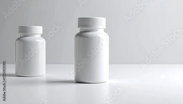 Obraz Two blank white pill bottles on a white surface