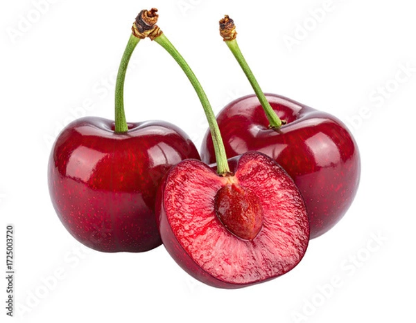 Obraz Three fresh, vibrant red cherries, one halved, display juicy flesh and a dark pit
