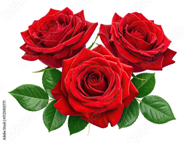 Obraz Three vibrant crimson roses, petals layered in a dense cluster,  with lush green leaves, isolated against black