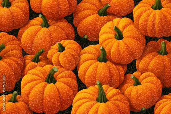 Fototapeta A dense arrangement of vibrant orange pumpkins with prominent green stems forming a seamless pattern