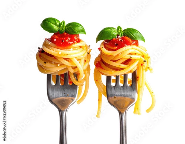 Obraz Two forks holding nests of spaghetti topped with tomato sauce and basil