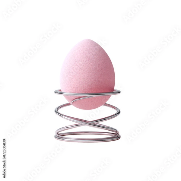 Fototapeta Delicate pink beauty blender elegantly displayed on a modern metallic spring stand, perfect for makeup tutorials, product showcases, and cosmetic advertising