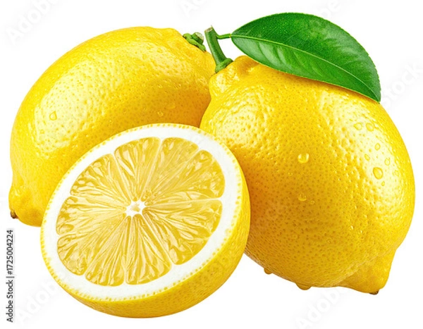 Obraz Fresh lemons, whole and sliced, bright yellow, with green leaves, wet with water droplets