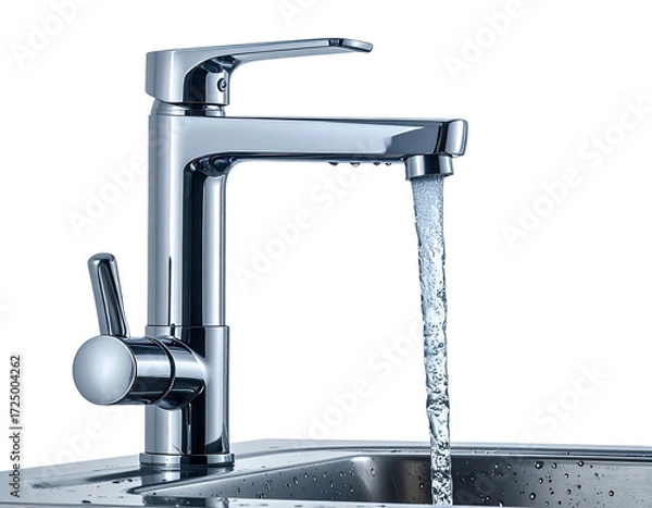 Obraz Chrome kitchen faucet with flowing water over a stainless steel sink