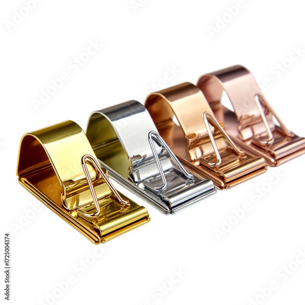Fototapeta Elegant desk clips in gold, silver, rose gold, and copper offer stylish organization for modern workspaces and sophisticated home offices, adding a touch of class to any project.