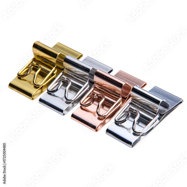 Fototapeta Elegant metallic binder clips in gold, silver, and rose gold offer sophisticated organization for modern offices and stylish home workspaces.