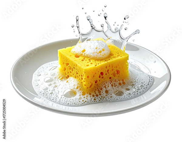 Obraz Yellow sponge in soapy suds on a plate