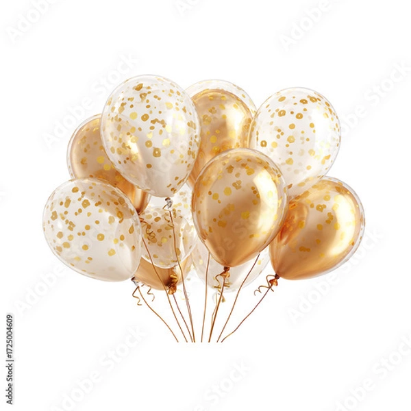 Fototapeta Elegant gold and white confetti balloons beautifully float, perfect for celebrating milestones, creating festive atmospheres, or adding a touch of luxury to any joyful occasion.