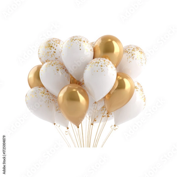 Fototapeta Elegant cluster of white and gold balloons adorned with sparkling stars, perfect for creating celebratory moments and festive atmospheres at any special occasion.