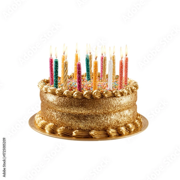 Fototapeta Sparkling golden birthday cake ablaze with colorful lit candles ready to celebrate any joyous occasion and create unforgettable memories with loved ones