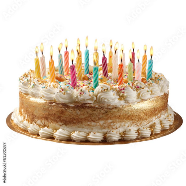 Fototapeta Celebrate special moments with a beautifully decorated birthday cake adorned with colorful lit candles and festive sprinkles, perfect for creating joyful memories and festive occasions.