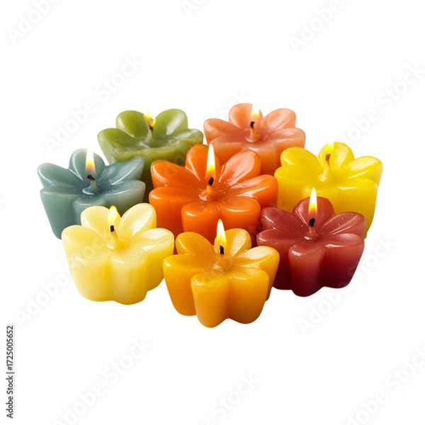 Fototapeta Vibrant collection of colorful flower shaped candles glowing with warm, inviting light creating a serene and cozy atmosphere perfect for relaxation and ambiance
