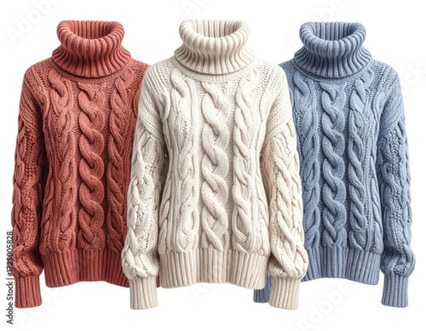 Obraz Three cable-knit turtleneck sweaters in terracotta, cream, and light blue
