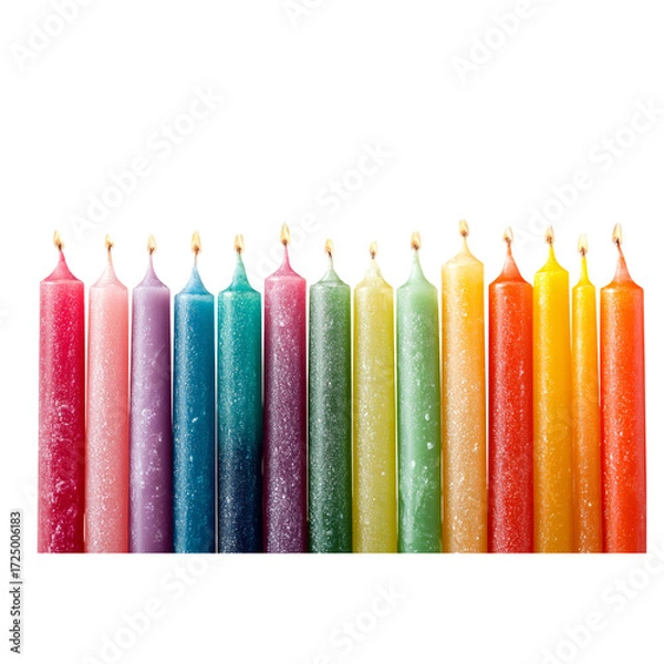 Fototapeta Vibrant line of lit birthday candles in a rainbow of colors, perfect for celebrations, parties, and festive occasions adding joy and magic to any event