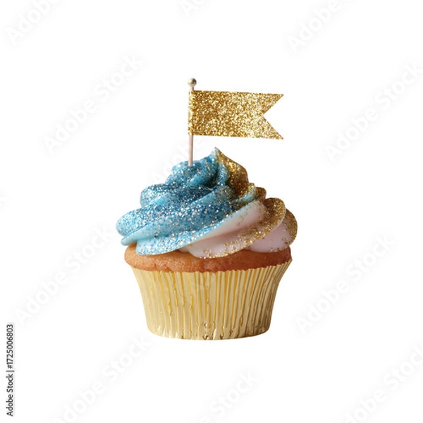 Fototapeta Celebrate joy with a dazzling, glitter-covered cupcake topped with a shimmering gold flag, perfect for festive occasions and sweet moments