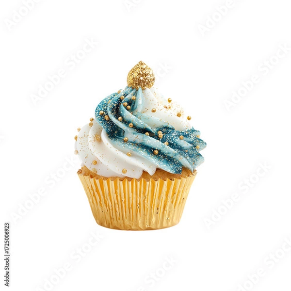 Fototapeta Indulge in this stunning, decadent cupcake adorned with swirling buttercream, shimmering gold pearls, and a sparkling golden topper, perfect for celebrations and sweet moments.