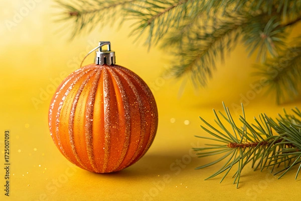 Fototapeta Holiday Ornament and Pine: a festive close-up captures a stunning orange ornament, radiating warmth, enhanced by a pine branch. It's a scene, perfect to evoke festive spirit.