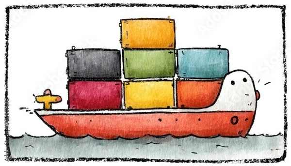 Obraz Cartoon cargo ship with colorful containers