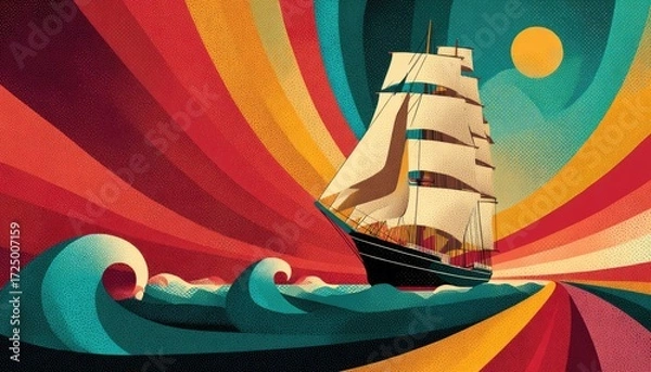 Obraz Colorful ship sails through vibrant waves