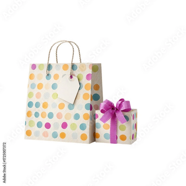 Fototapeta Joyful celebration awaits with a charming gift bag and beautifully wrapped present adorned with a vibrant purple ribbon and blank tag for personalized messages.
