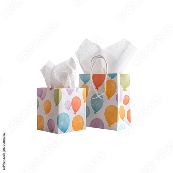 Fototapeta Joyful celebration gift bags brimming with festive tissue paper, perfect for birthdays, parties, and special occasions, adding a splash of vibrant color to any gift-giving moment.