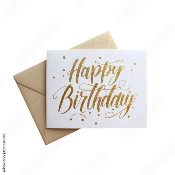 Fototapeta Elegant golden 'Happy Birthday' script on a festive card with envelope, perfect for sending warm celebratory wishes and making any special day shine brighter with heartfelt joy.