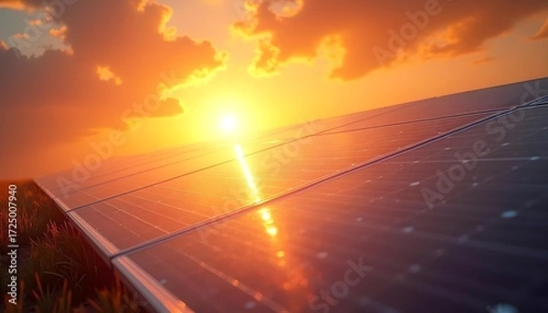 Fototapeta Solar Panels in Field at Sunset Generating Clean Energy